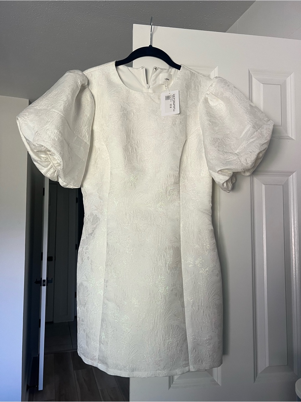 Lena White Puff Sleeve Jacquard Mini Dress